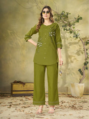 Green Multi Thread Embroidered Coord Set – Front Full Length View – KC11