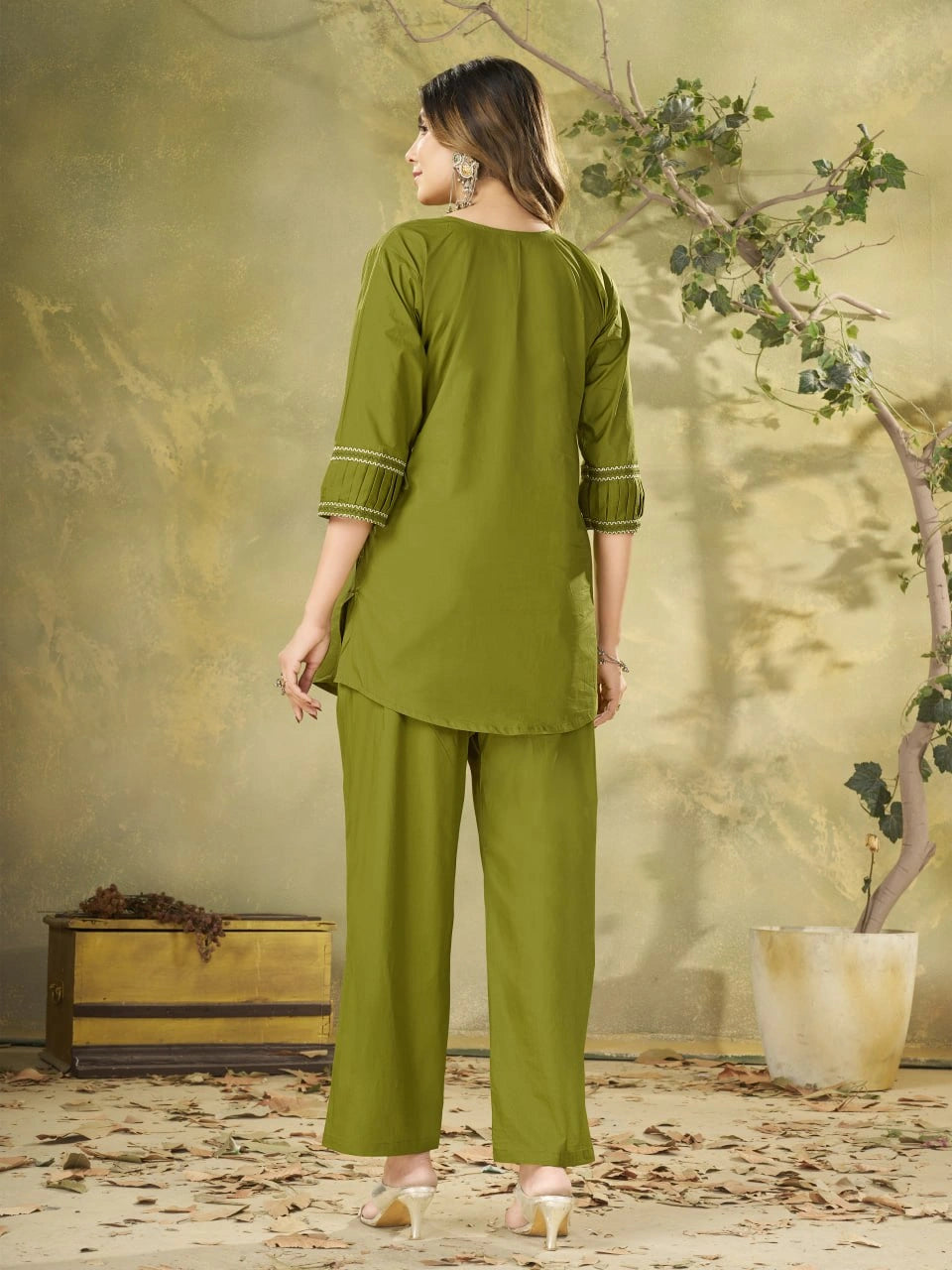 Green Multi Thread Embroidered Coord Set – Back View Full Length – KC11