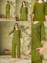 Green Multi Thread Embroidered Coord Set – Multi Panel Collage – KC11