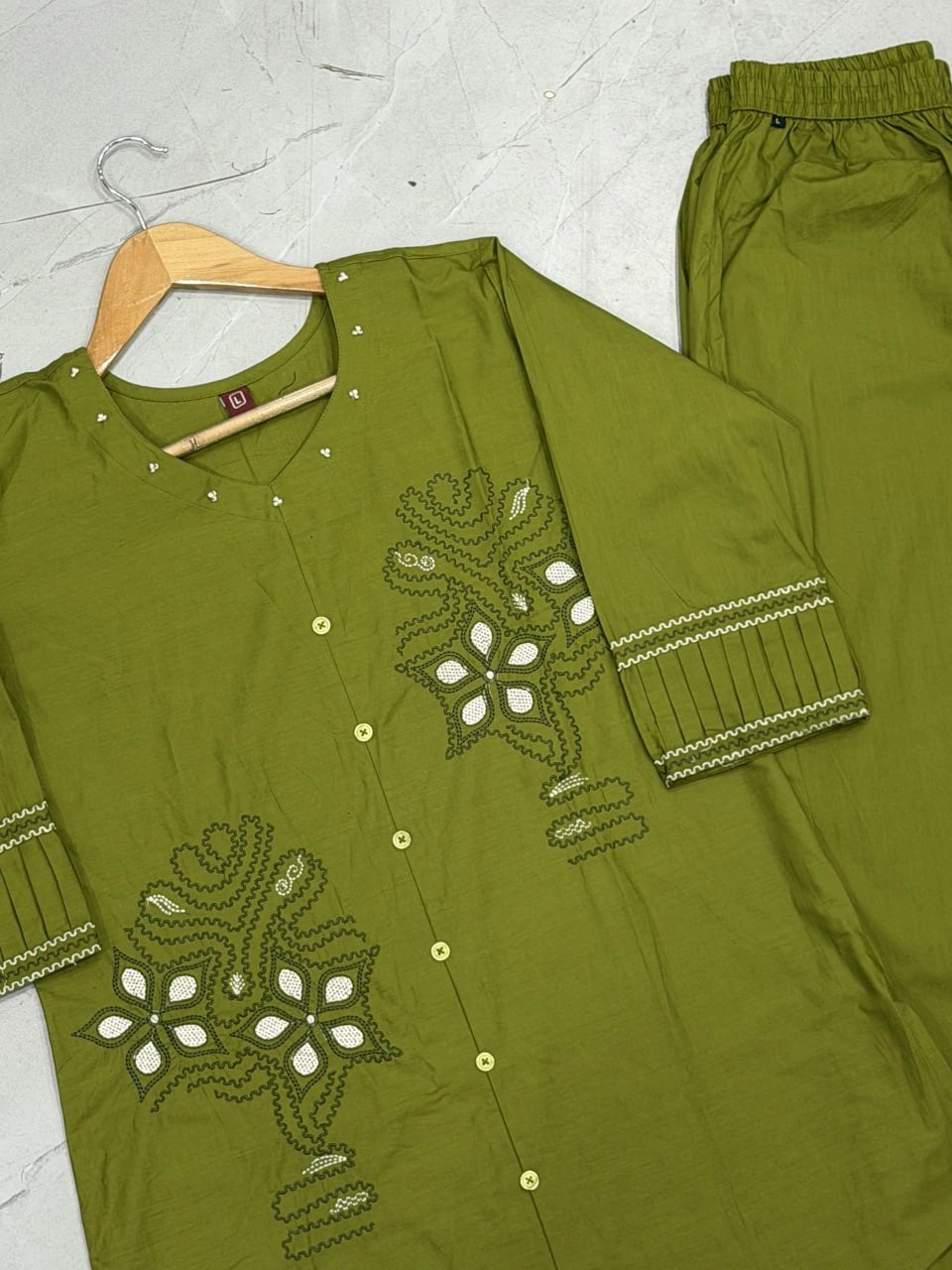 Green Coord Set – Flat Lay Hanger View – Cotton Blend – KC11