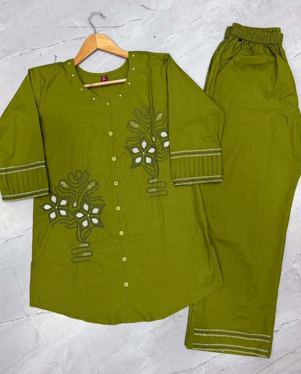 Green Multi Thread Embroidered Coord Set – Flat Lay Floor View – KC11