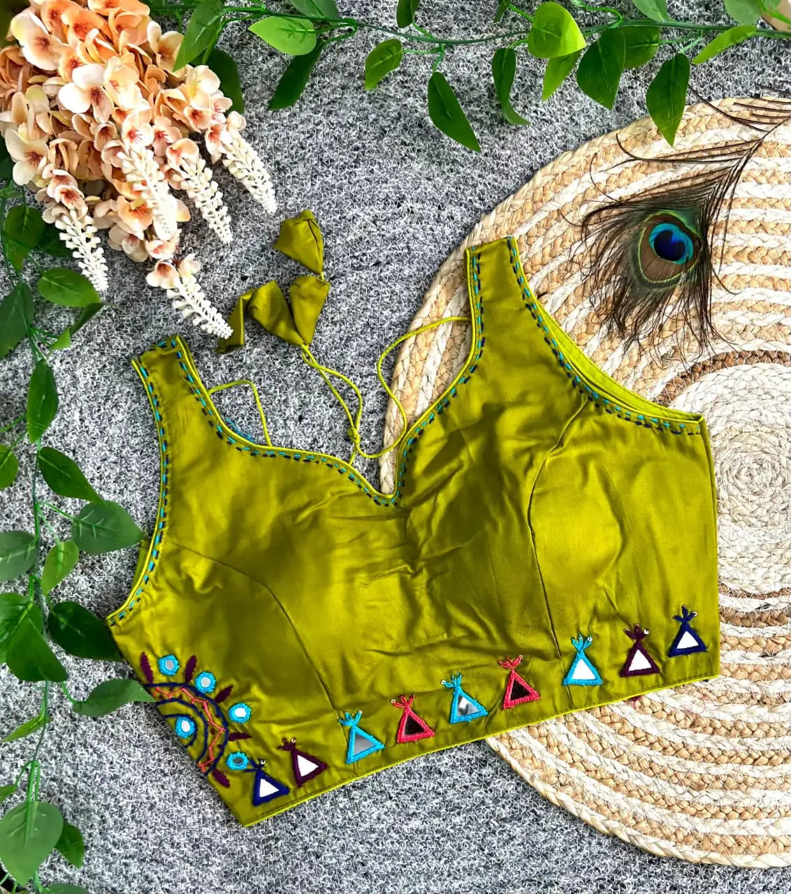 Green Cotton Blend Multi Thread Mirror Work Blouse – Flat Lay