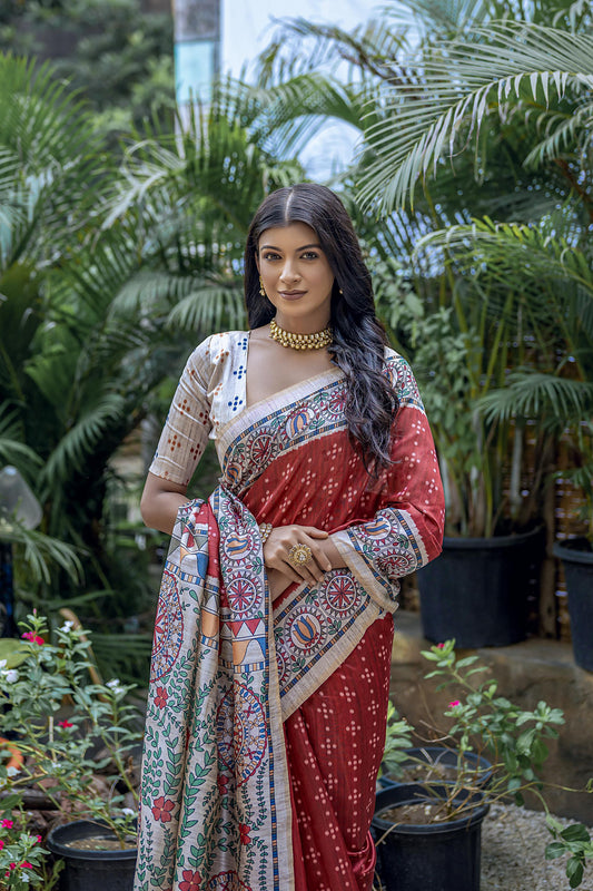 A woman models a vibrant Terracotta Red Tussar Silk Saree with small scattered prints. The pallu features a wide, elaborate panel with intricate Madhubani-style folk art prints in white, red, blue, and green. She wears a cream/gold embellished blouse and a gold Kundan necklace.