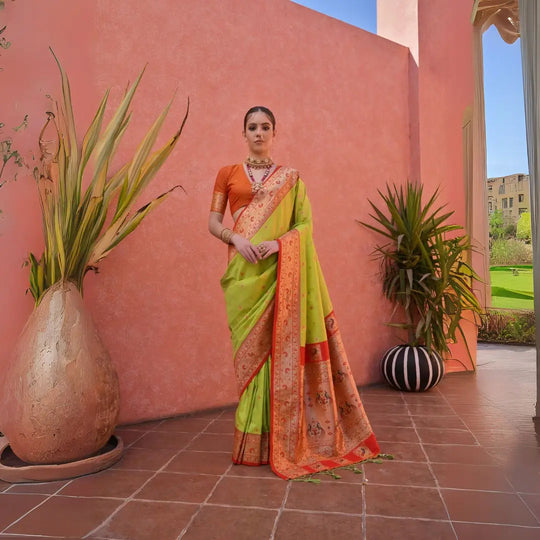 Green Red Zari Woven Pallu Soft Banarasi Silk Saree