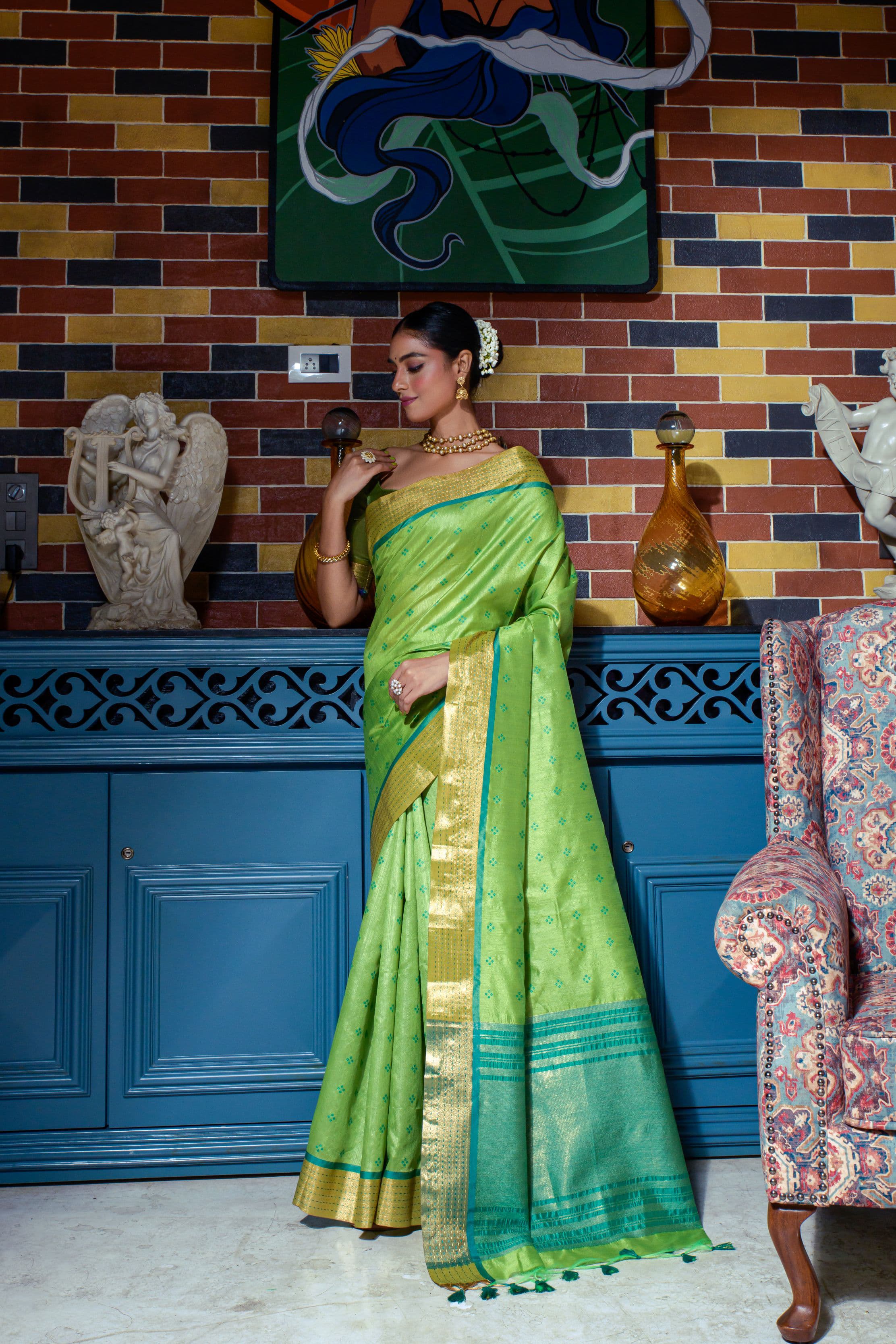 Green Zari Work Soft Tussar Silk Saree - kalyanja