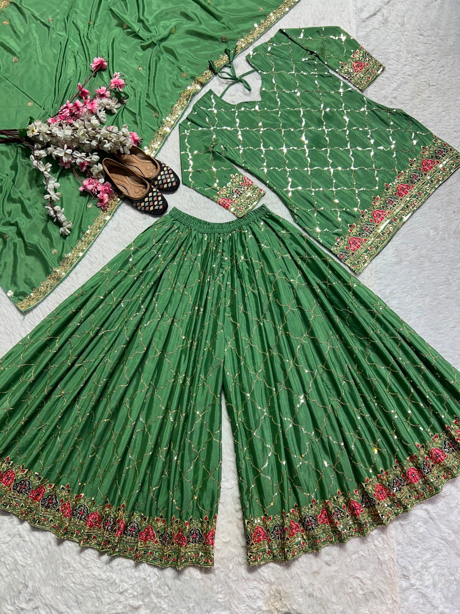 Green Sequins Embroidered Suit flat lay full set palazzo dupatta KU263 Kalyanja