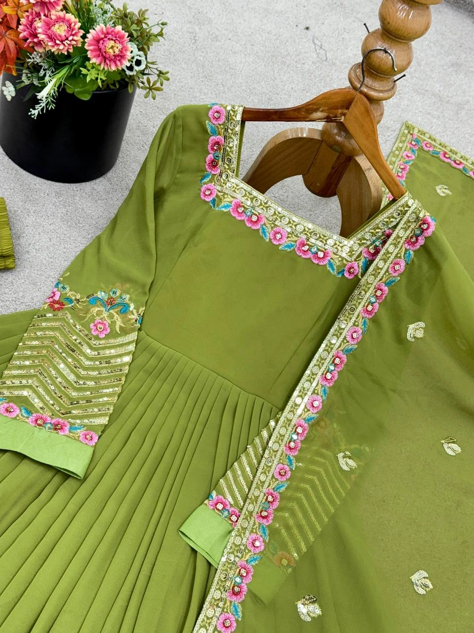 Green Faux Blooming Anarkali Suit set complete overhead KU264