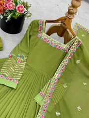 Green Faux Blooming Anarkali Suit set complete overhead KU264
