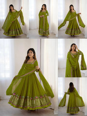 Green Sequins Embroidered Anarkali Suit panoramic flatlay KU264