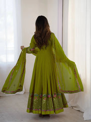 Green Anarkali Suit back view open dori tie-up neckline KU264