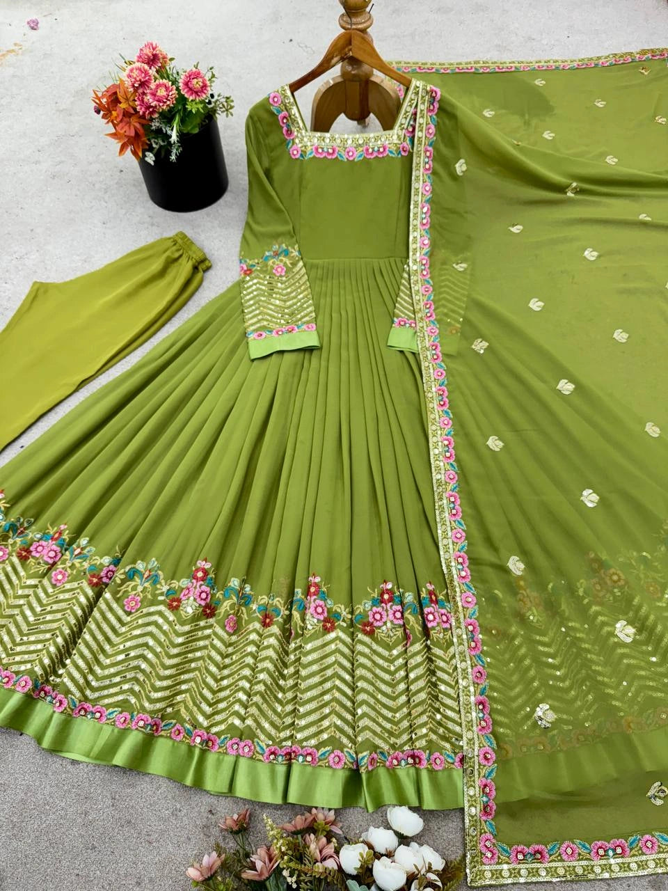 Green Sequins Embroidered Suit flat lay all three pieces KU264