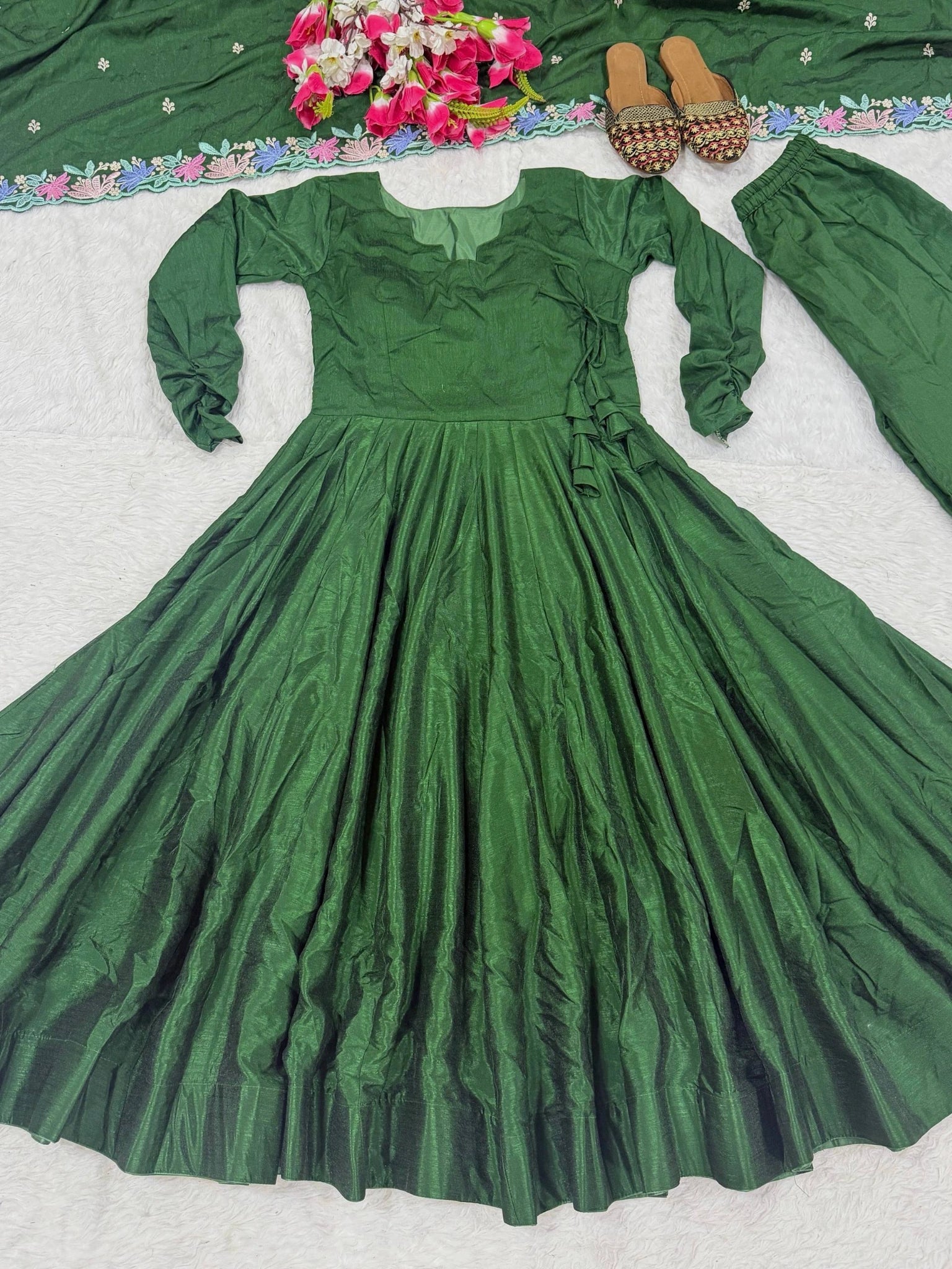 Green Anarkali Suit KU319 flat lay
