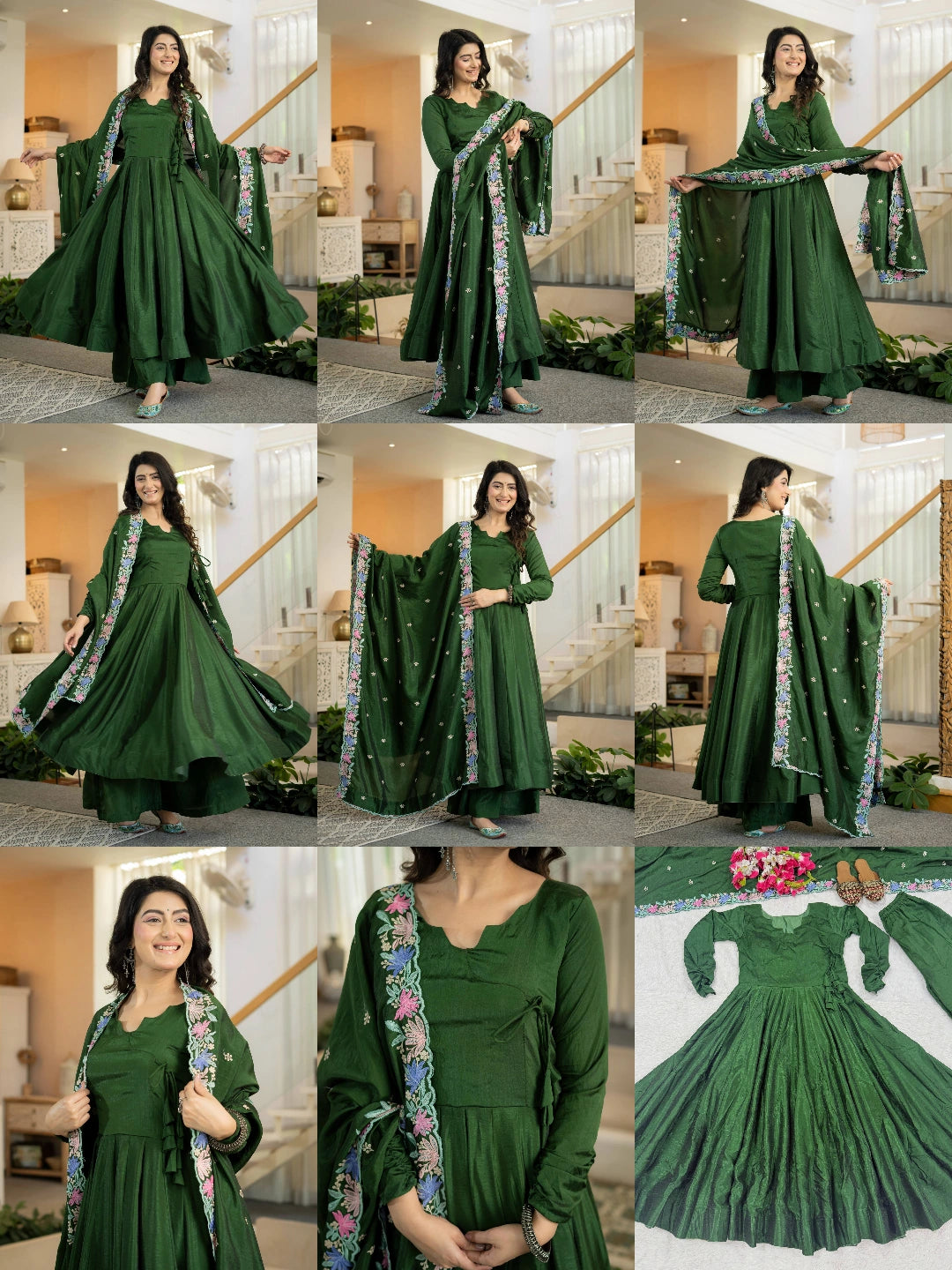 Green Anarkali Palazzo Suit KU319 all angles