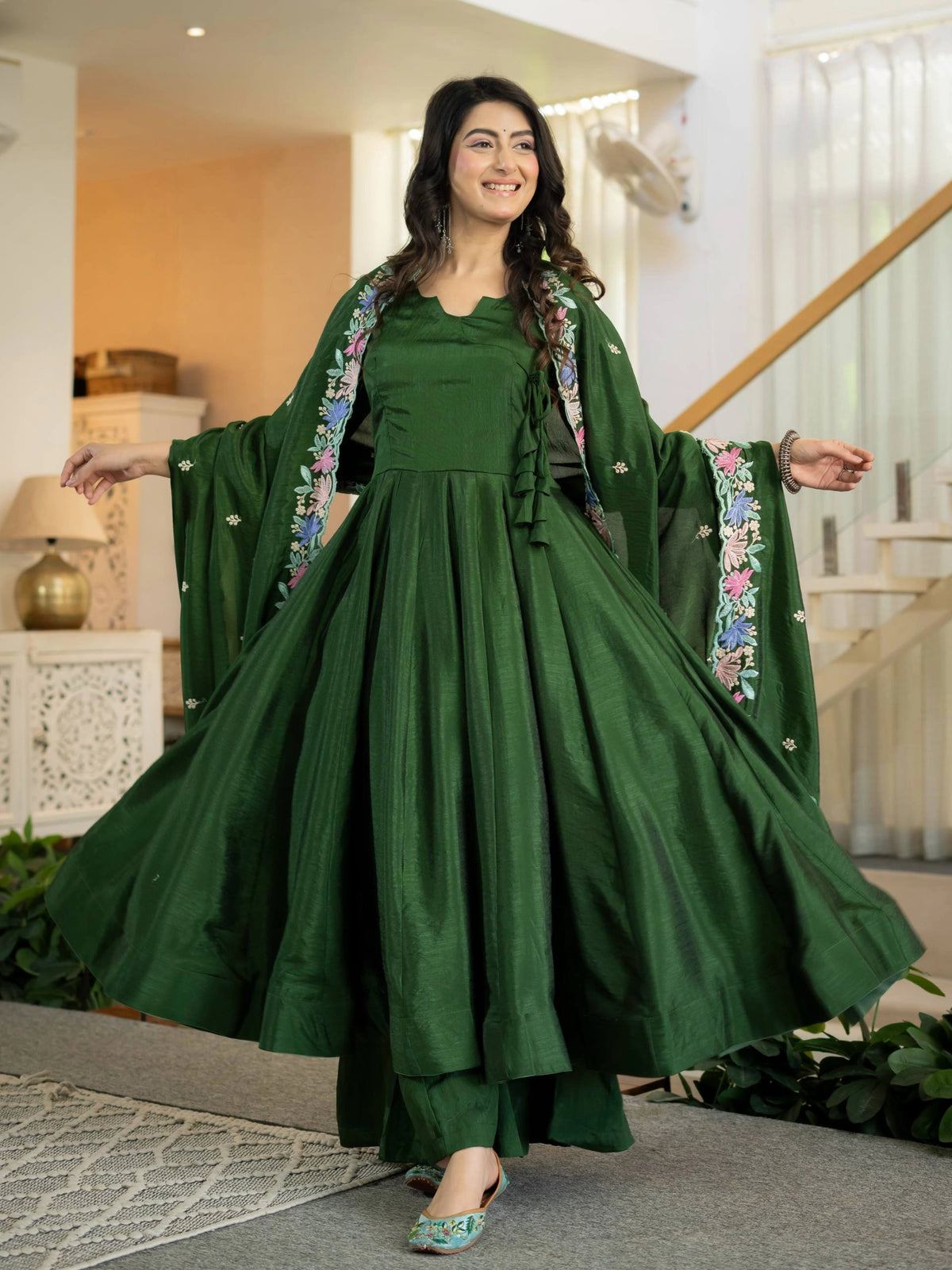 Green Sequins Embroidered Anarkali Suit KU319 front view
