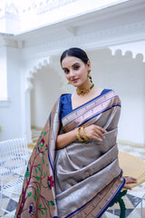 A woman models an elegant Light Gray Soft Silk Saree. The saree features a striking deep navy blue contrast border accented with gold Zari. The pallu is a focal point, featuring rich, artistic Paithani-style print or weaving of colorful bird-on-branch motifs. She wears a navy blue blouse and traditional gold jewelry with green accents, posing on an ornate white terrace.