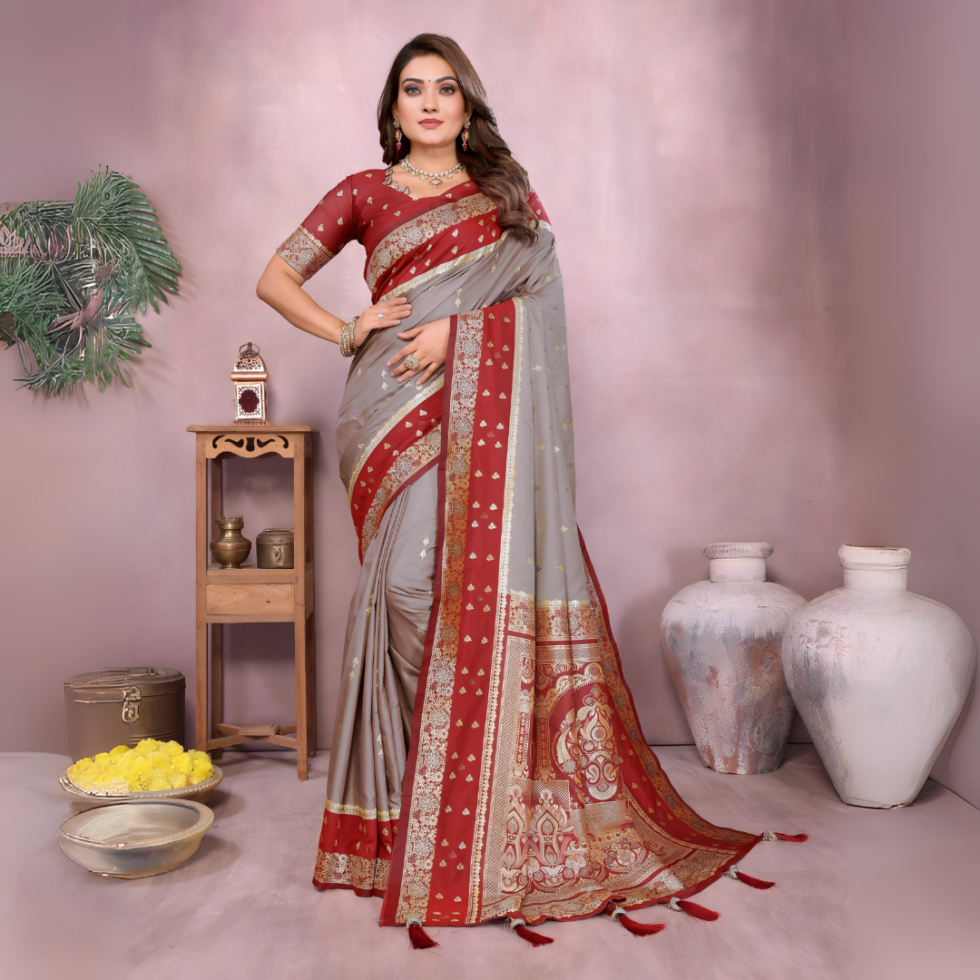Grey Zari Woven Kalamkari Silk Saree