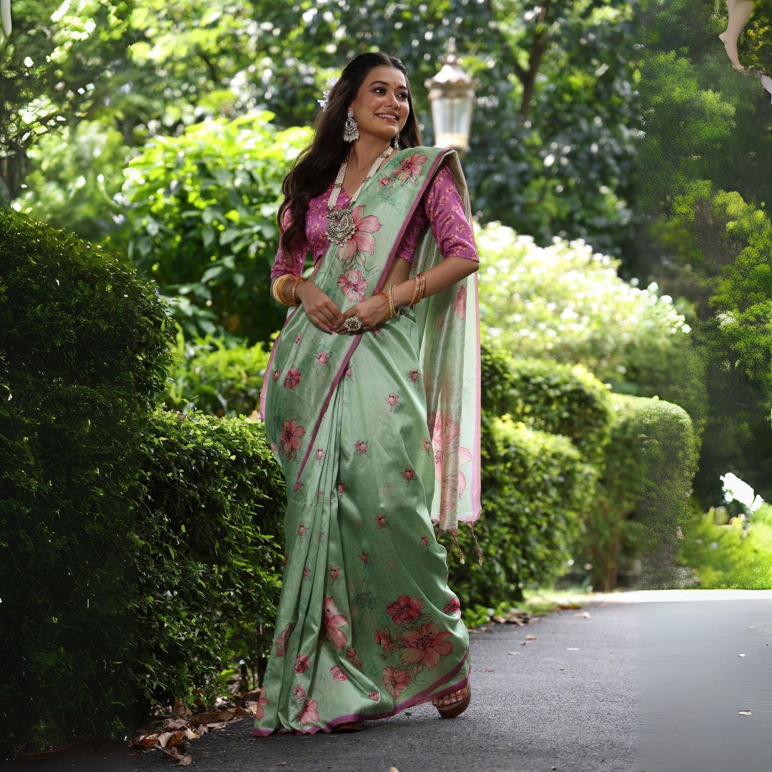 Light Pista Floral Silk Saree