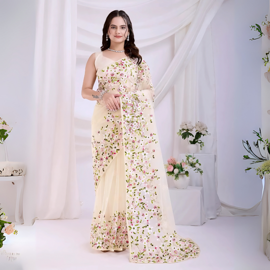 Woman wearing an ivory net saree with intriA woman models an ethereal Light Beige Soft Net Saree. The sheer fabric is densely covered in delicate all-over floral embroidery featuring white, pink, and green threadwork. She wears a matching sleeveless embroidered beige blouse and accessorizes with sophisticated silver/diamond jewelry, including a lcate pink and green floral embroidery and a matching sleeveless blouse, posing in a modern white studio decorated with draped curtains and fresh floral arrangements