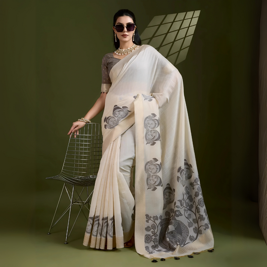 A woman models an elegant Beige Soft Muga Cotton Saree. The saree features large Kalamkari-style prints of peacocks, trees, and florals in a contrasting Dark Gray on the pallu. She wears a dark gray short-sleeve sheer blouse and accessorizes with a gold Kundan choker necklace and sunglasses.