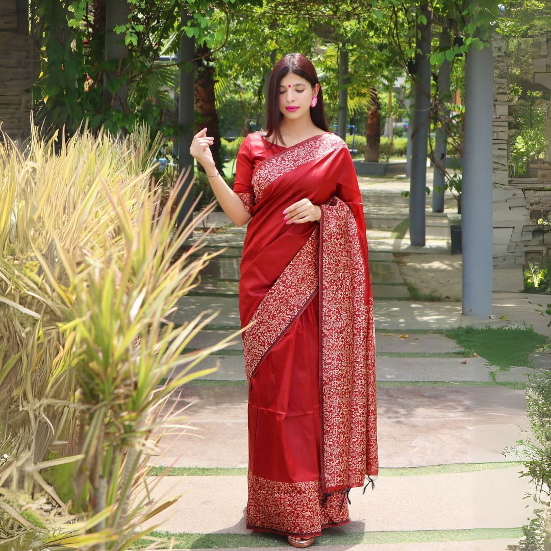 Red Warli Weaving Soft Banglori Raw Silk Saree