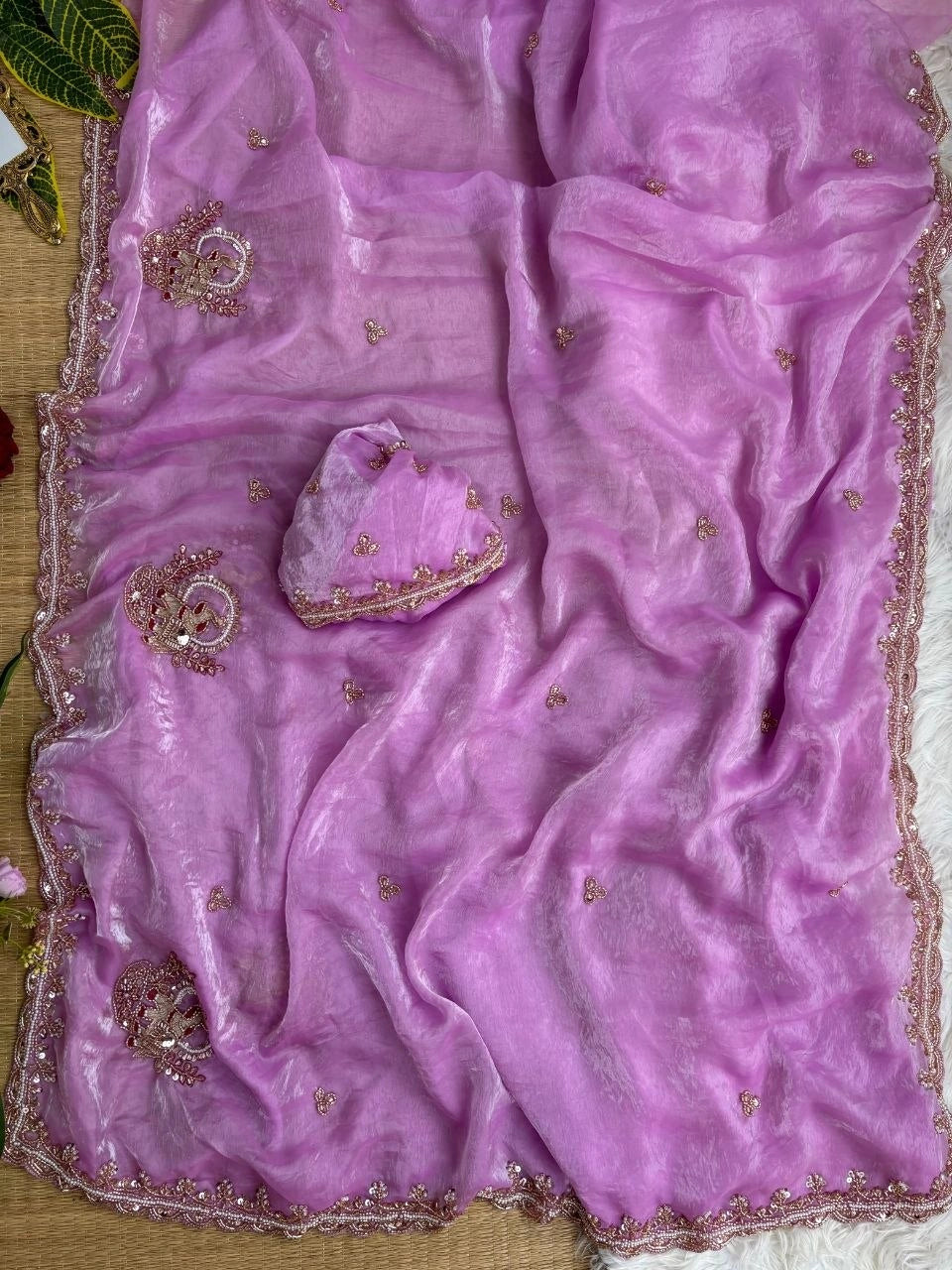 Lavender Beads Cutdana Work Saree Fendy Satin KS412 – view 1