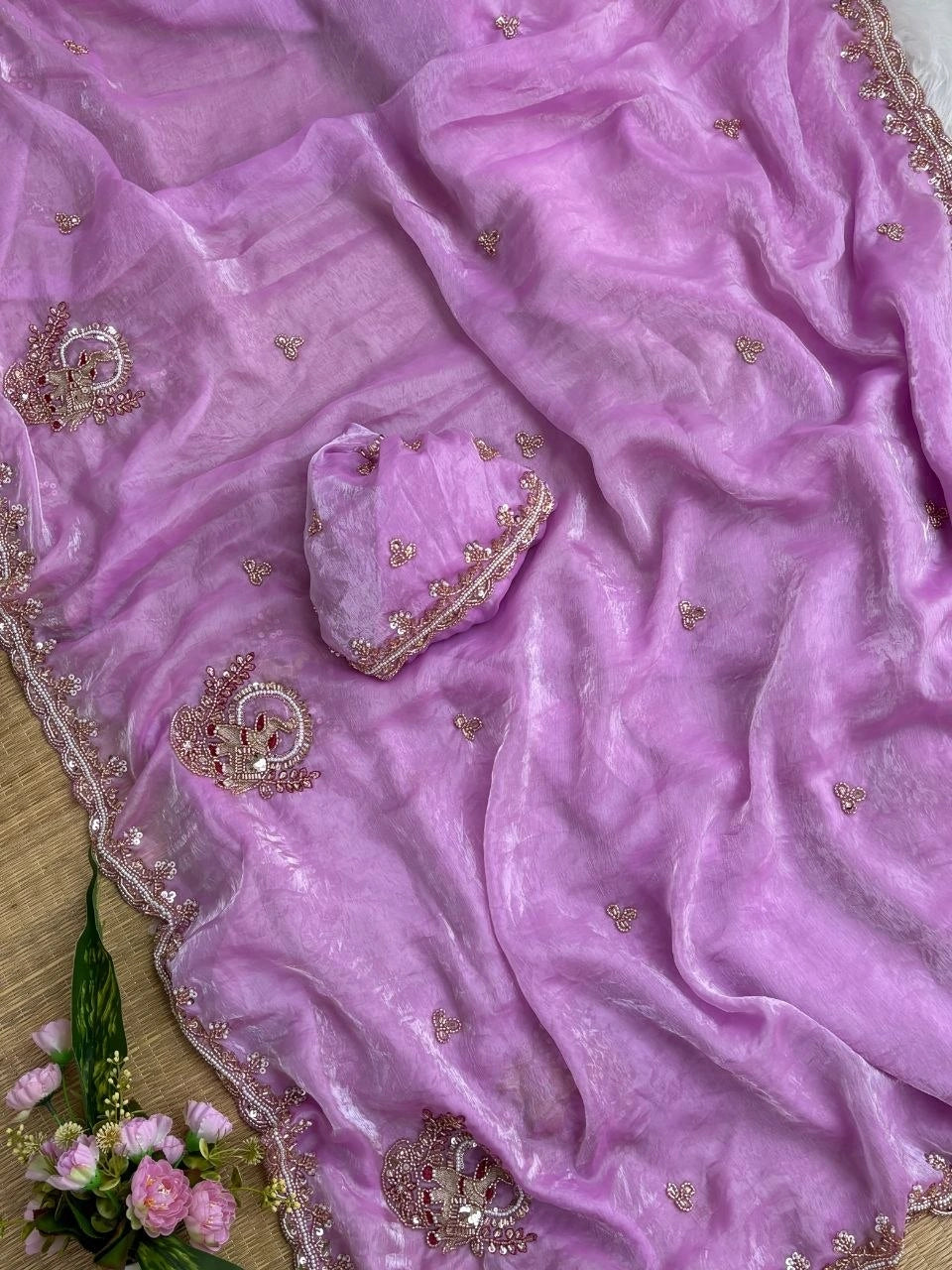 Lavender Beads Cutdana Work Saree Fendy Satin KS412 – view 5