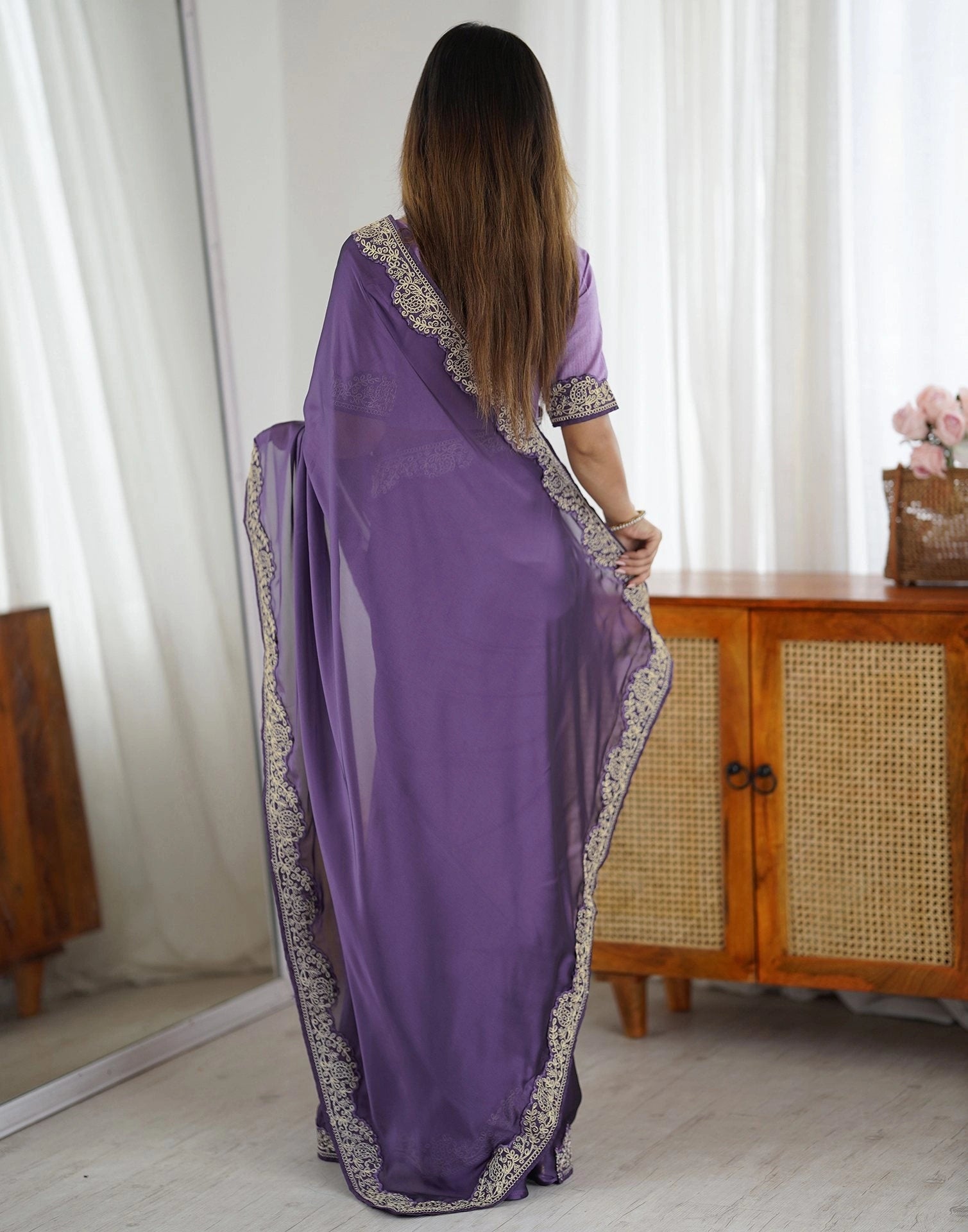 Lavender Embroidered Saree Side View | Rangoli Silk Blend | KS392 | Kalyanja