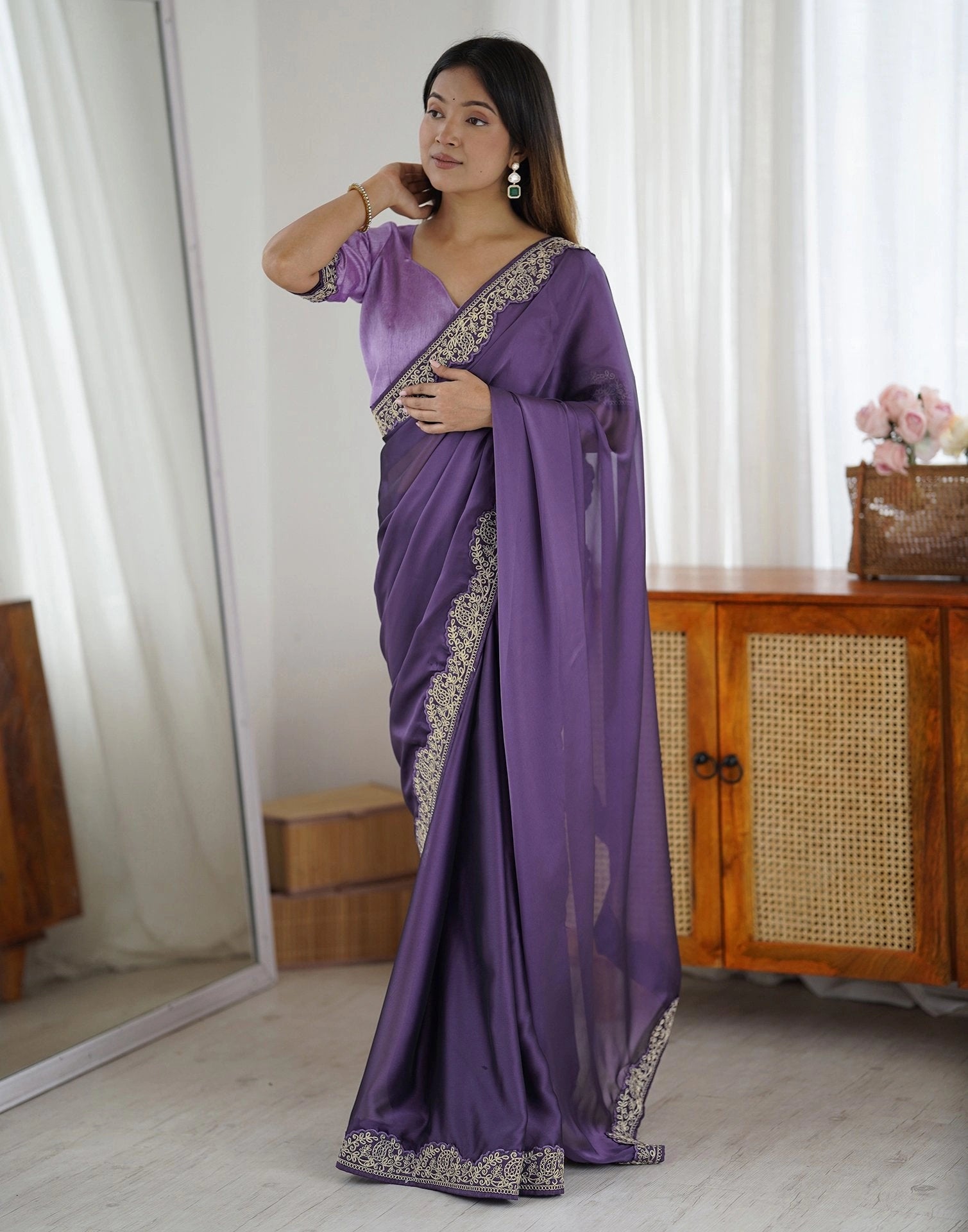 Lavender Embroidered Saree Back View | Rangoli Silk Blend | KS392 | Kalyanja