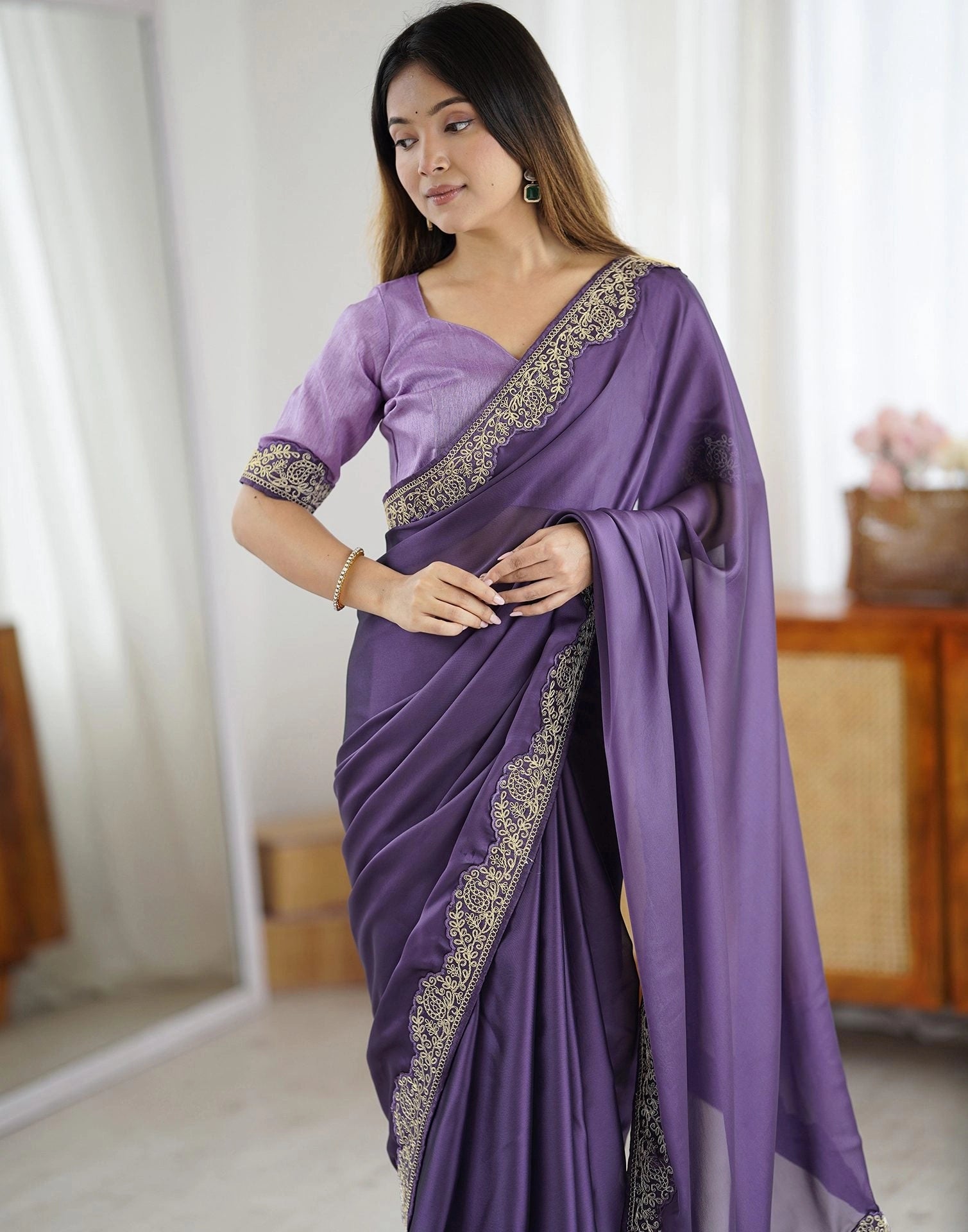 Lavender Embroidered Saree Silk | Rangoli Silk Blend | KS392 | Kalyanja