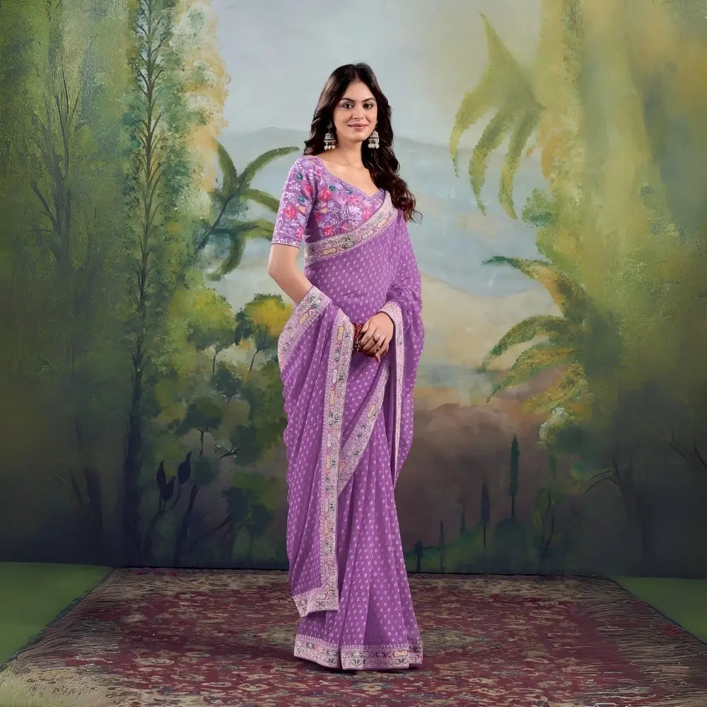 Lavender Georgette Embroidery Work Saree
