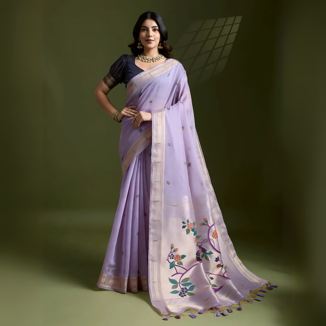 Purple Resham & Zari Weaving Soft Muga Cotton Saree
