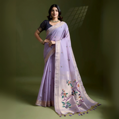 Purple Resham & Zari Weaving Soft Muga Cotton Saree