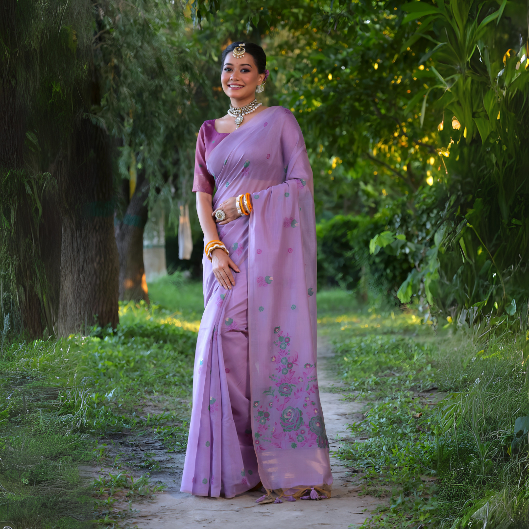 A woman models an elegant light Lavender Soft Muga Cotton Saree with scattered floral Resham weaving. The pallu features an elaborate panel of multi-colored floral weaving/print in green and blue. She wears a contrasting deep maroon blouse, white stone/Kundan jewelry, and vibrant orange and yellow bangles, posing outdoors.