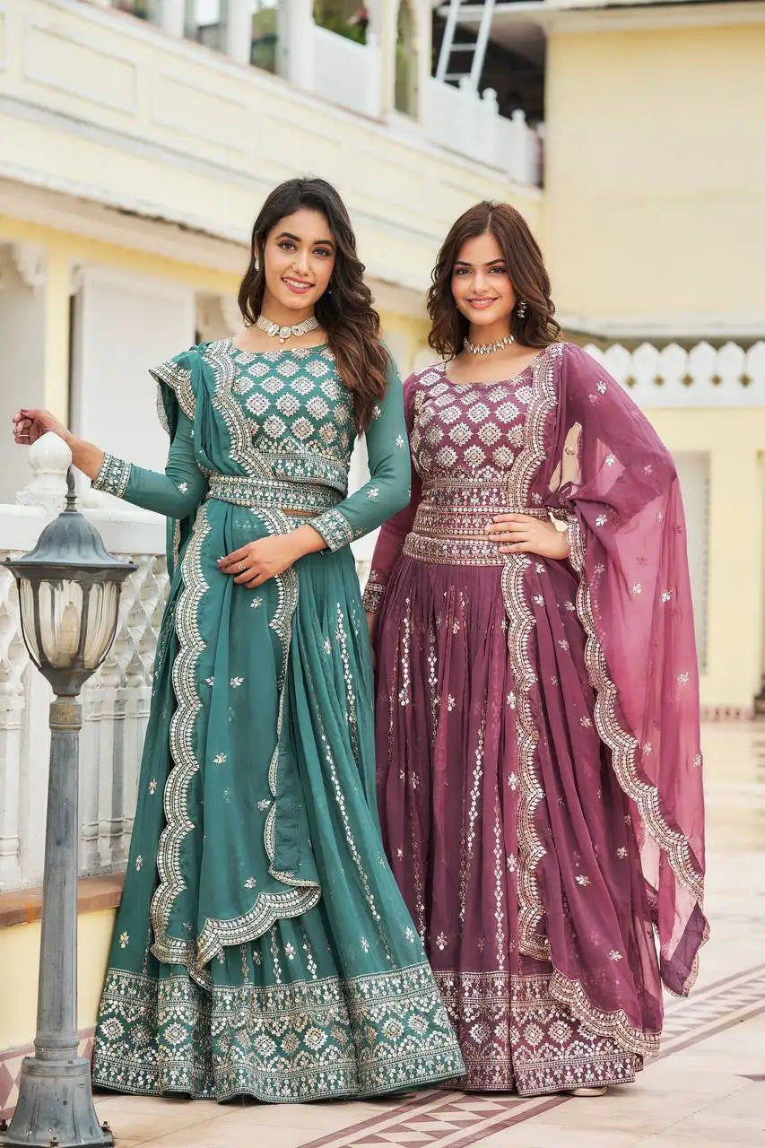 Lavender Pink and Teal Green Sequins Lehenga both colors combo shot – Kalyanja KL167