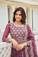 Lavender Pink Faux Georgette Lehenga choli embroidery round neck close-up – Kalyanja KL167