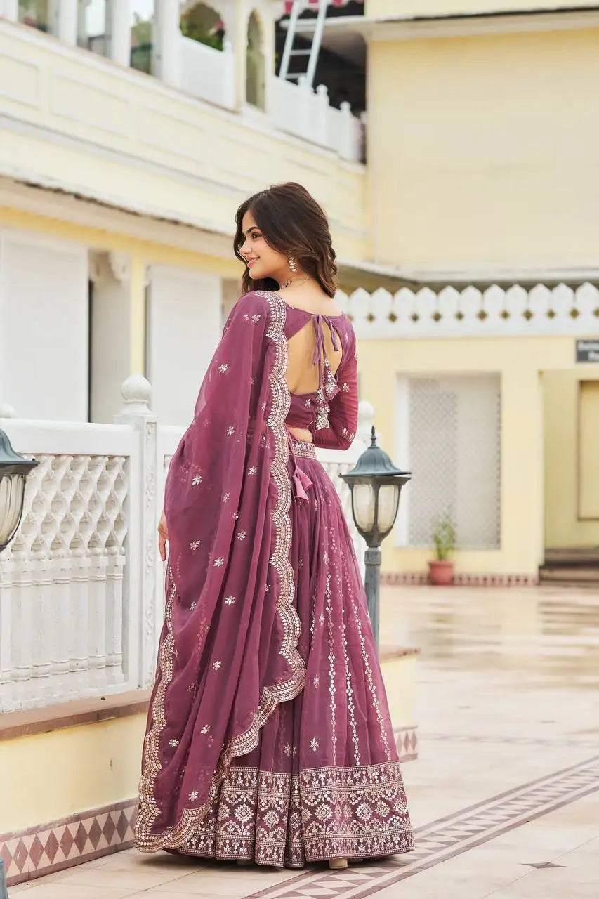 Lavender Pink Lehenga open back dori tie-up full sleeve back view – Kalyanja KL167