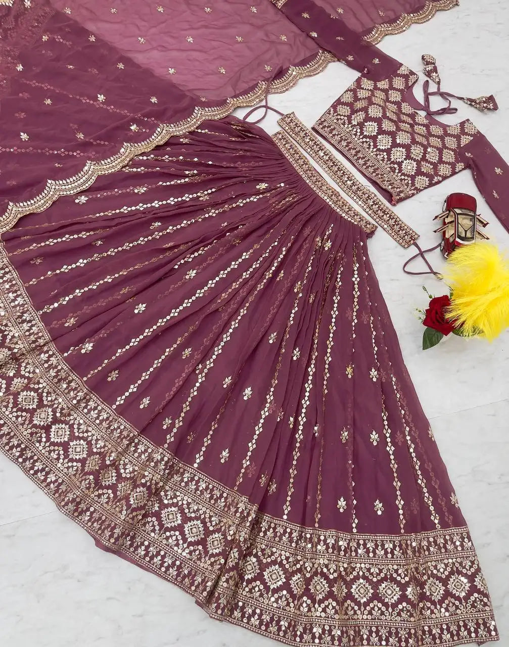 Lavender Pink Sequins Embroidered Lehenga flat lay skirt border detail – Kalyanja KL167