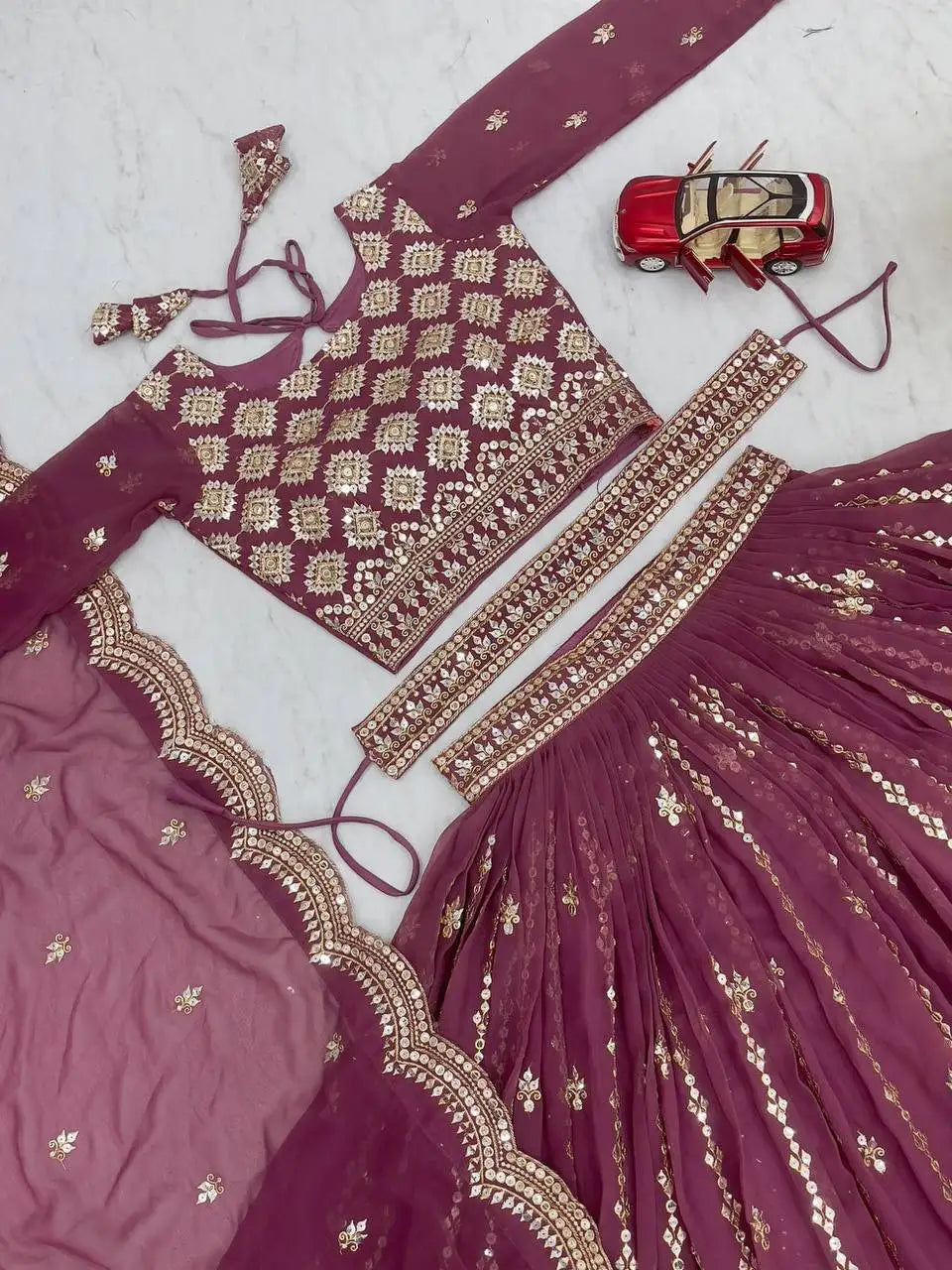 Lavender Pink Lehenga flat lay all 3 pieces choli skirt dupatta – Kalyanja KL167