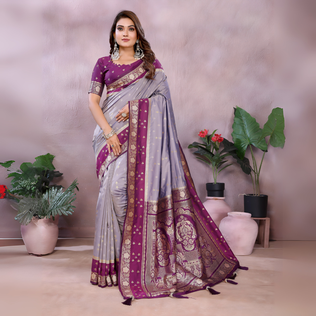 Lavender Zari Woven Kalamkari Silk Saree