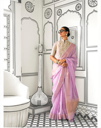 Lavender Zari Work Moss Chiffon Saree