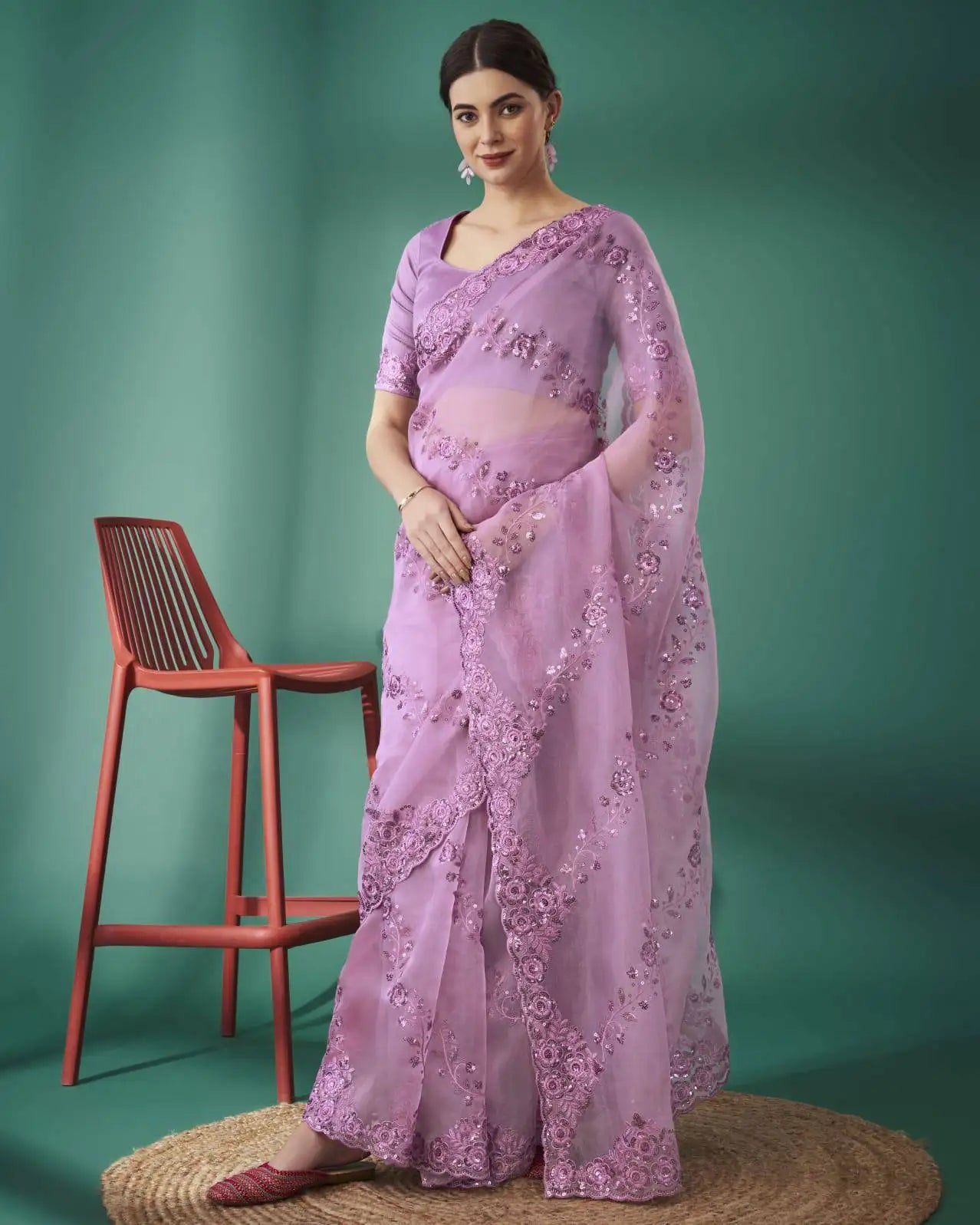 Lavender Sequins Embroidered Mono Diamond Silk Saree Hero Front View | Kalyanja KS358