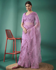 Lavender Sequins Embroidered Mono Diamond Silk Saree Hero Front View | Kalyanja KS358