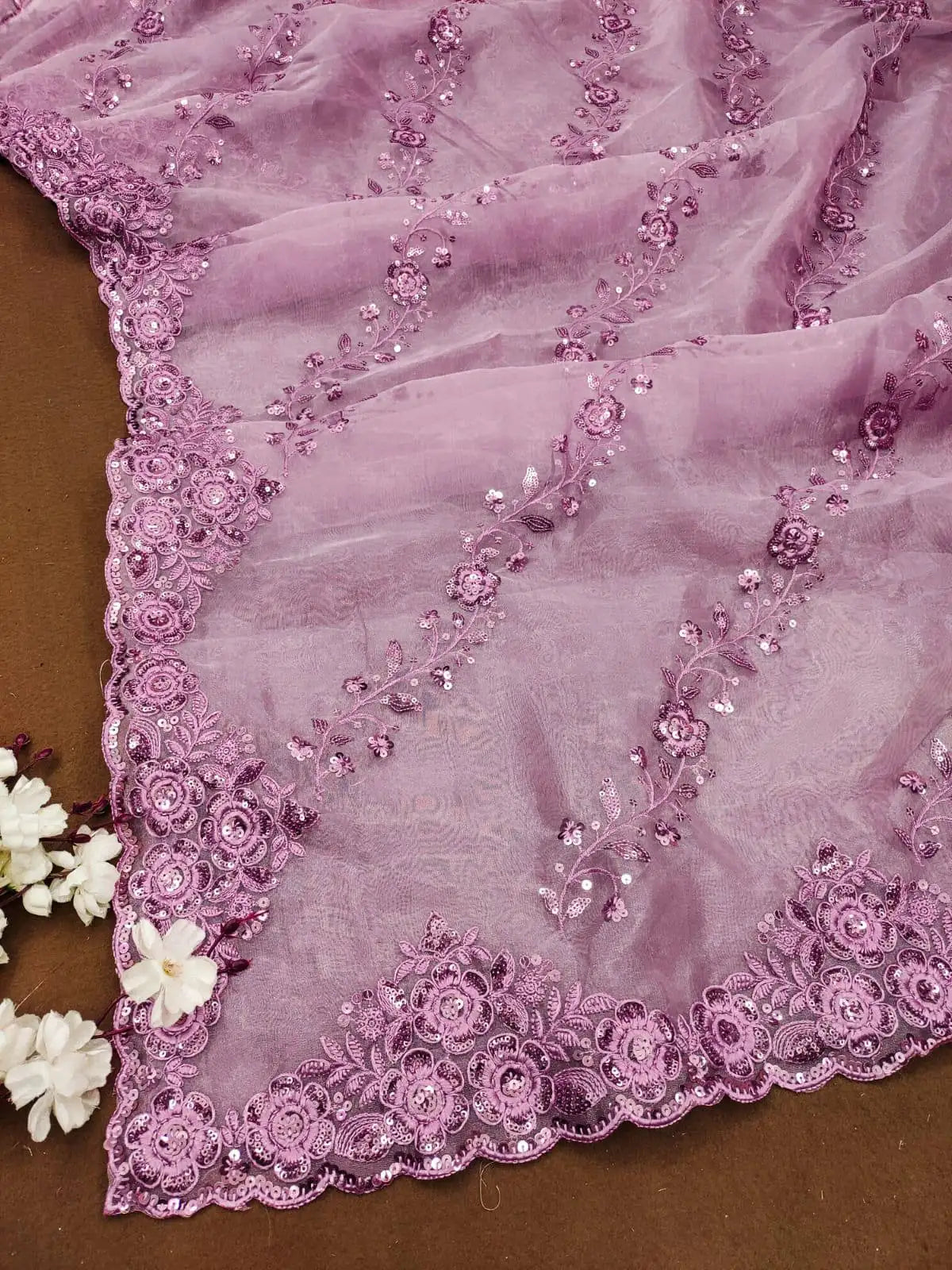 Lavender Sequins Embroidered Scallop Cut Work Border Close-Up | Kalyanja KS358