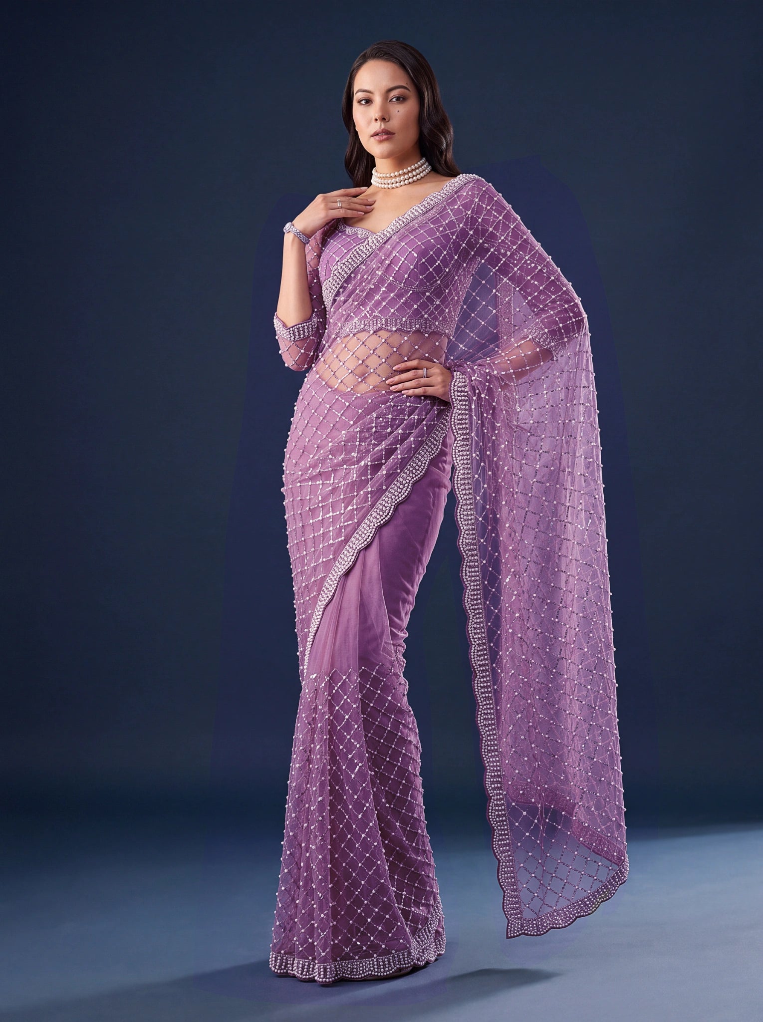 Lavender Sequins Embroidered Saree – Net Beads Pearls Work front view – KS397