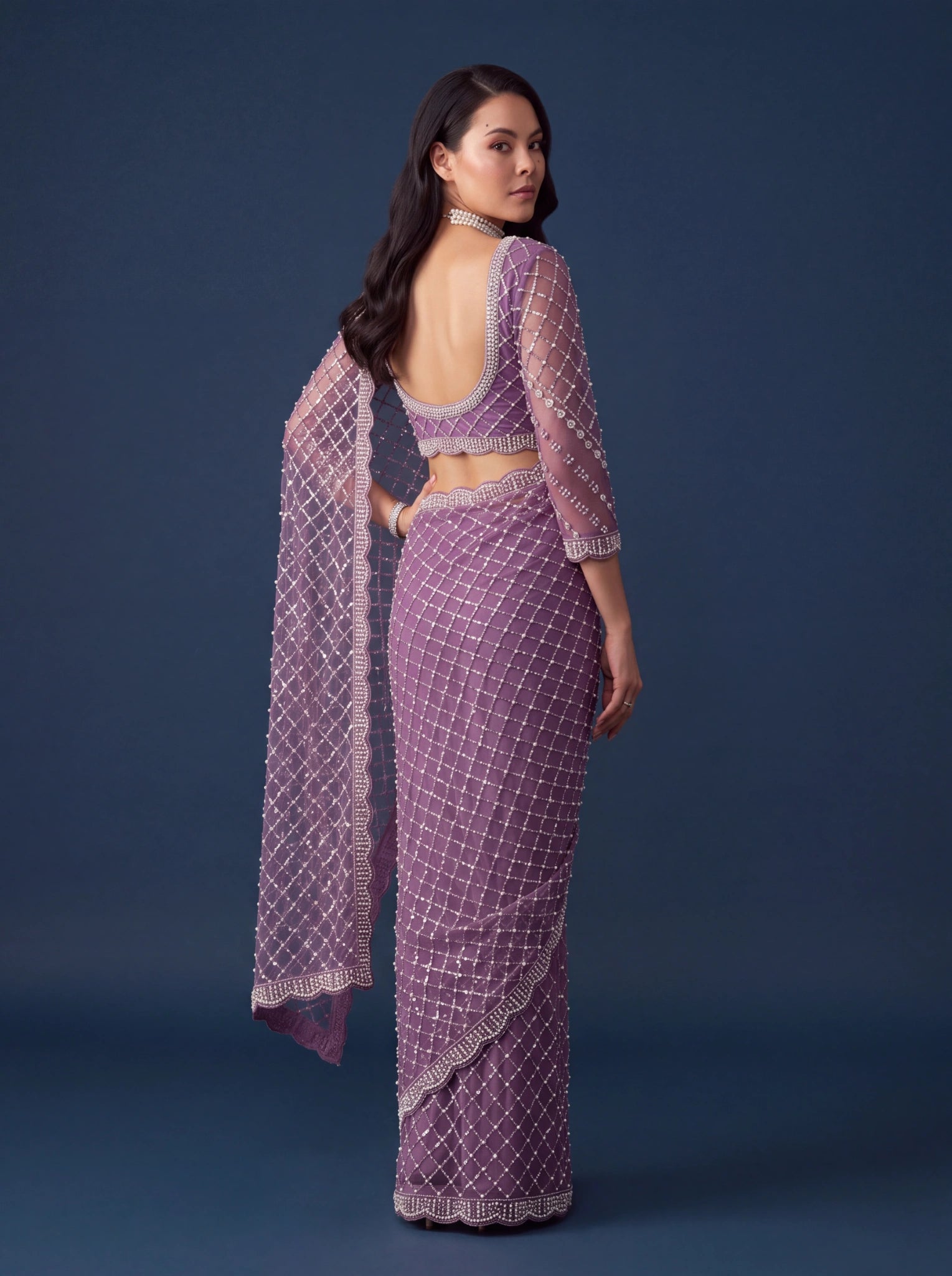 Lavender Sequins Embroidered Saree – back view open back blouse – KS397