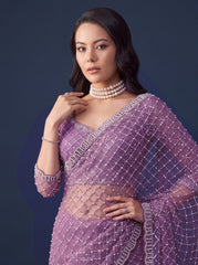Lavender Sequins Embroidered Saree – 3/4 model view – KS397
