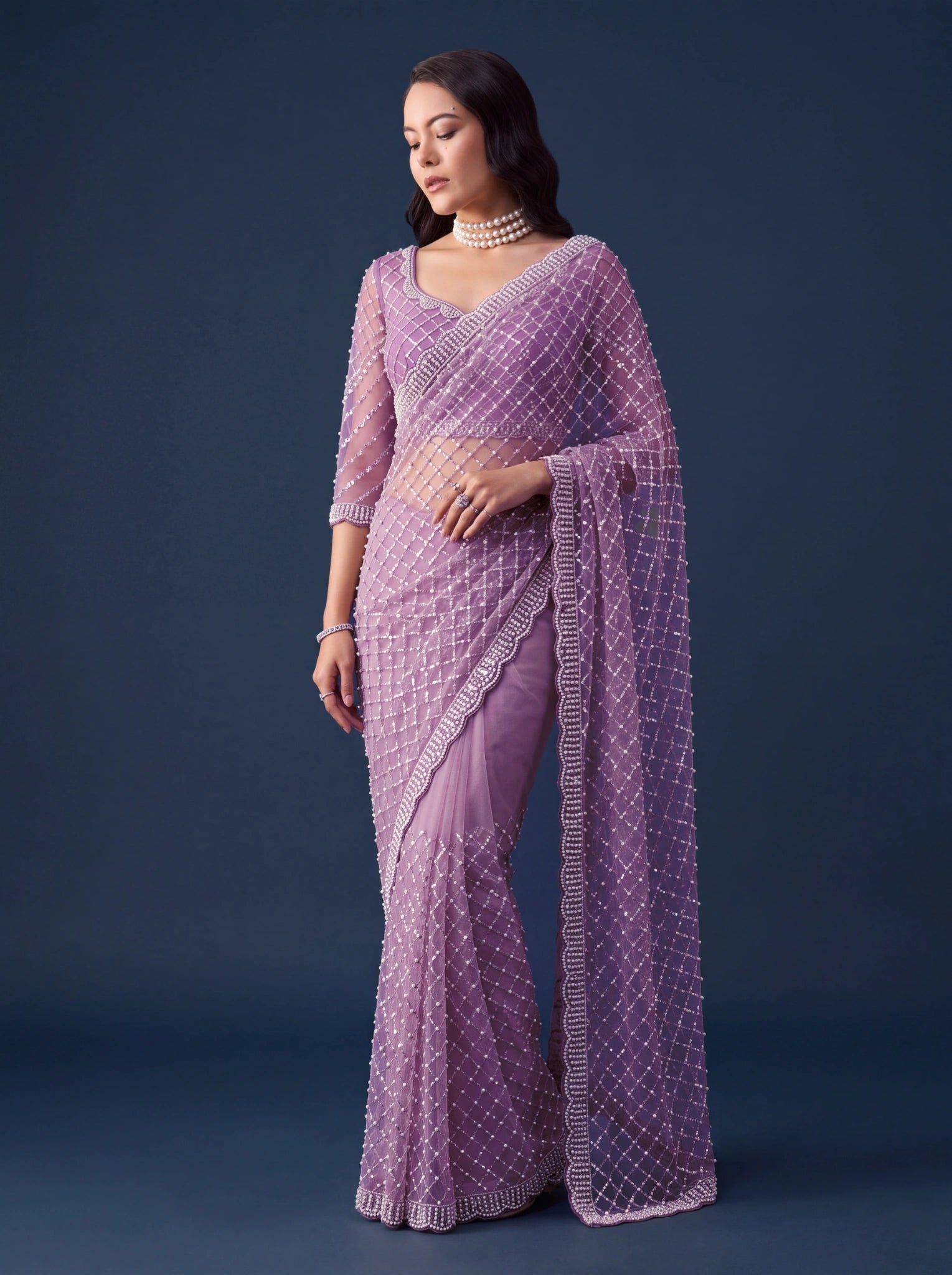 Lavender Sequins Embroidered Saree – upper body close-up – KS397