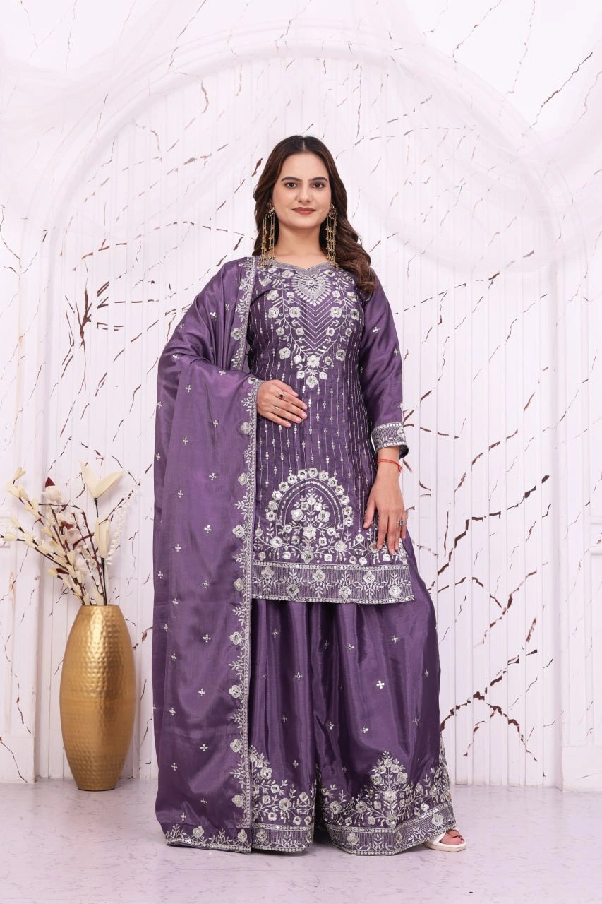 Lavender Sequins Embroidered Suit Chinon Sharara KU276 Kalyanja