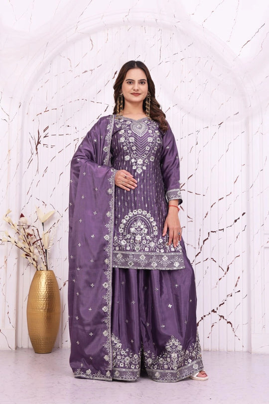 Lavender Sequins Embroidered Suit Chinon Sharara KU276 Kalyanja