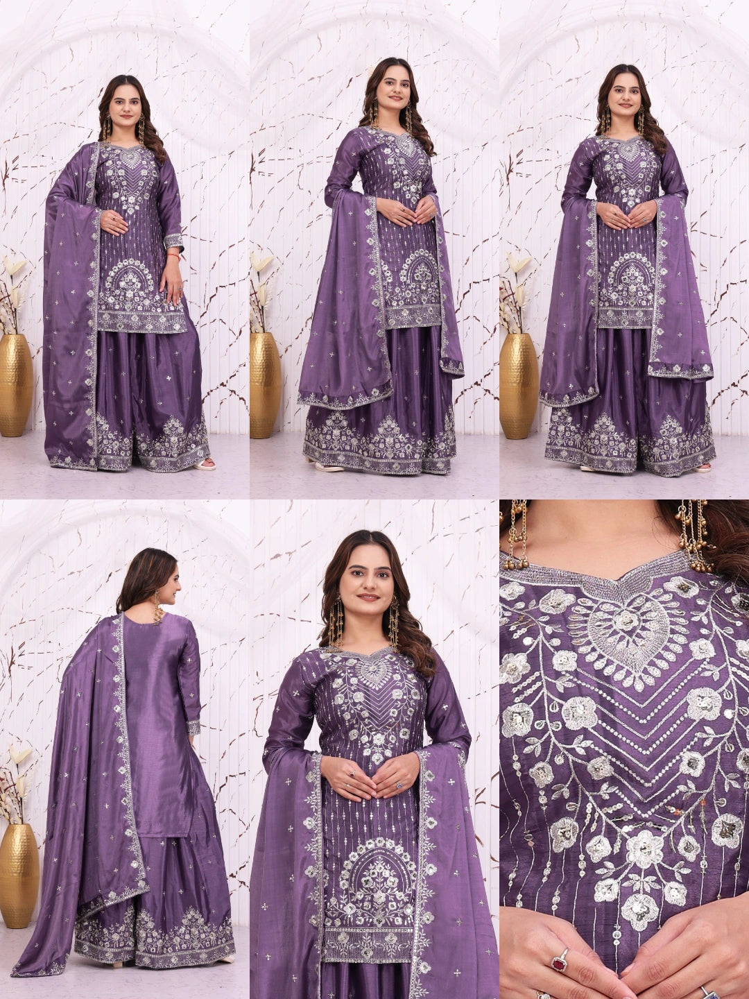 Lavender Sequins Embroidered Suit All Views Collage KU276 Kalyanja